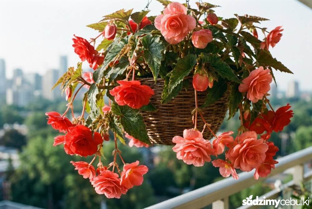 Begonia bulwiasta zwisająca w wiszącym koszu na balkonie, z dużymi kwiatami i opadającymi pędami.