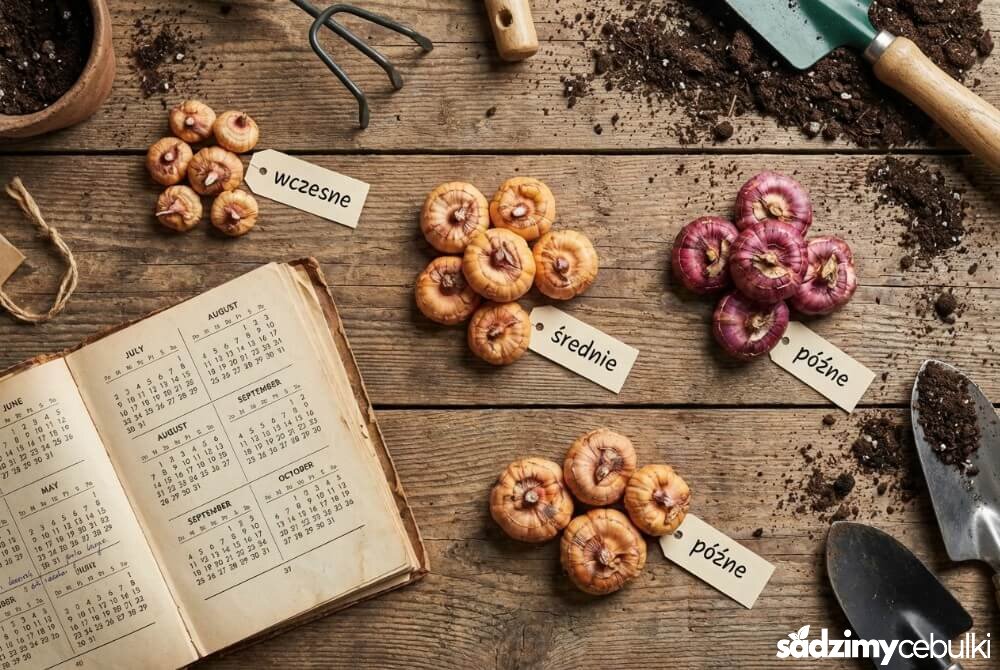 Bulwy mieczyków ułożone według wczesnych, średnich i późnych odmian z orientacyjnymi terminami kwitnienia.