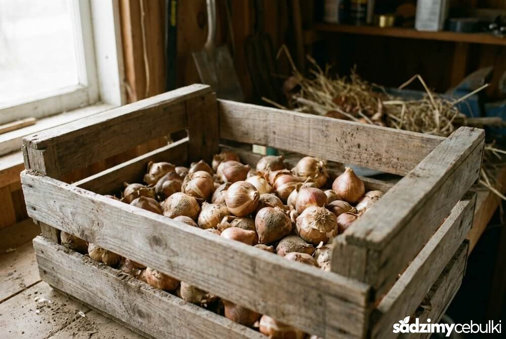 Wykopane cebulki tulipanów ułożone luźno w ażurowej drewnianej skrzynce w suchym, przewiewnym miejscu.