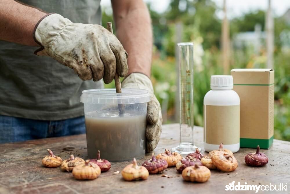 Ogrodnik w rękawicach przygotowuje roztwór do zaprawiania cebul mieczyków z użyciem środków grzybobójczych i owadobójczych.