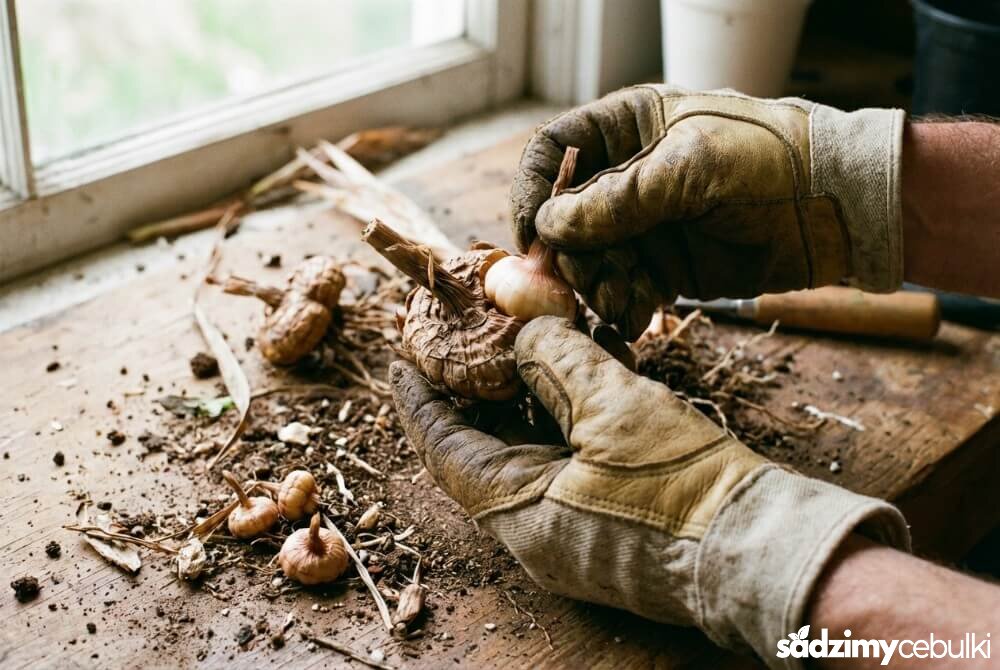 Dłonie odrywają starą bulwę mateczną od nowej bulwy mieczyka; obok leżą cebulki przybyszowe i resztki ziemi podczas czyszczenia przed zimowaniem.