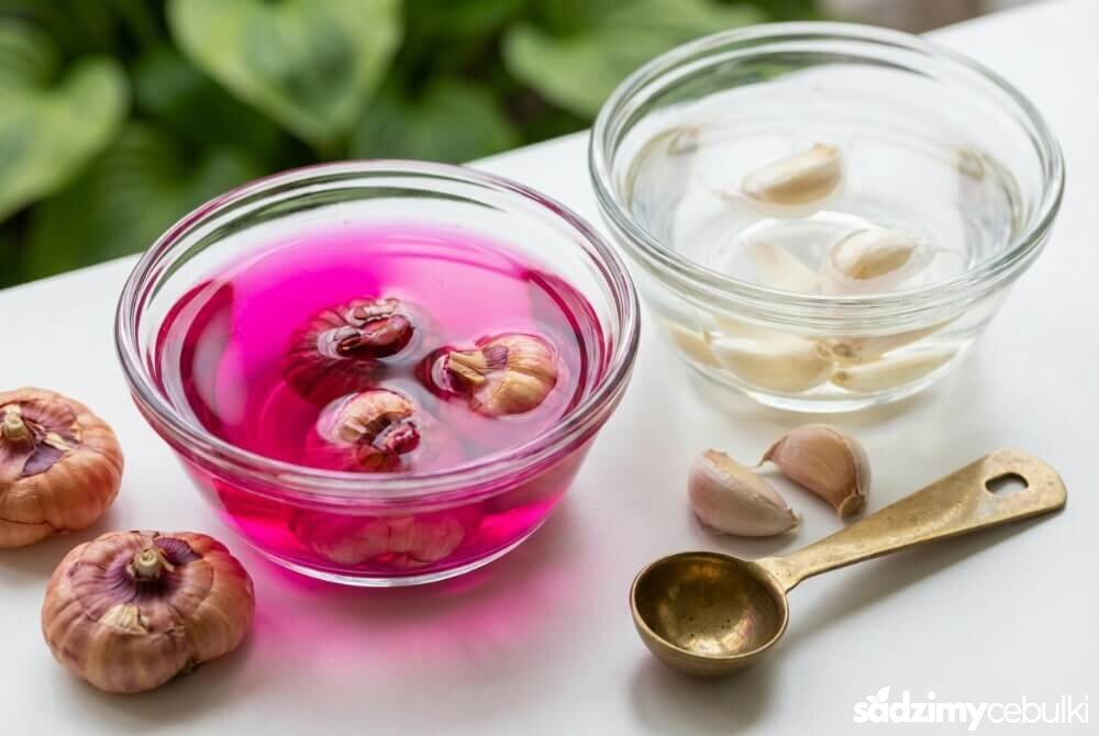 Domowe sposoby zaprawiania cebul mieczyków: różowy roztwór nadmanganianu potasu i wyciąg z czosnku przygotowane do moczenia.