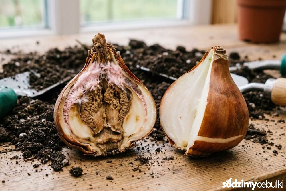 Przekrój cebuli tulipana z fuzariozą: miękka zgnilizna i biało-różowa grzybnia pod łuską.