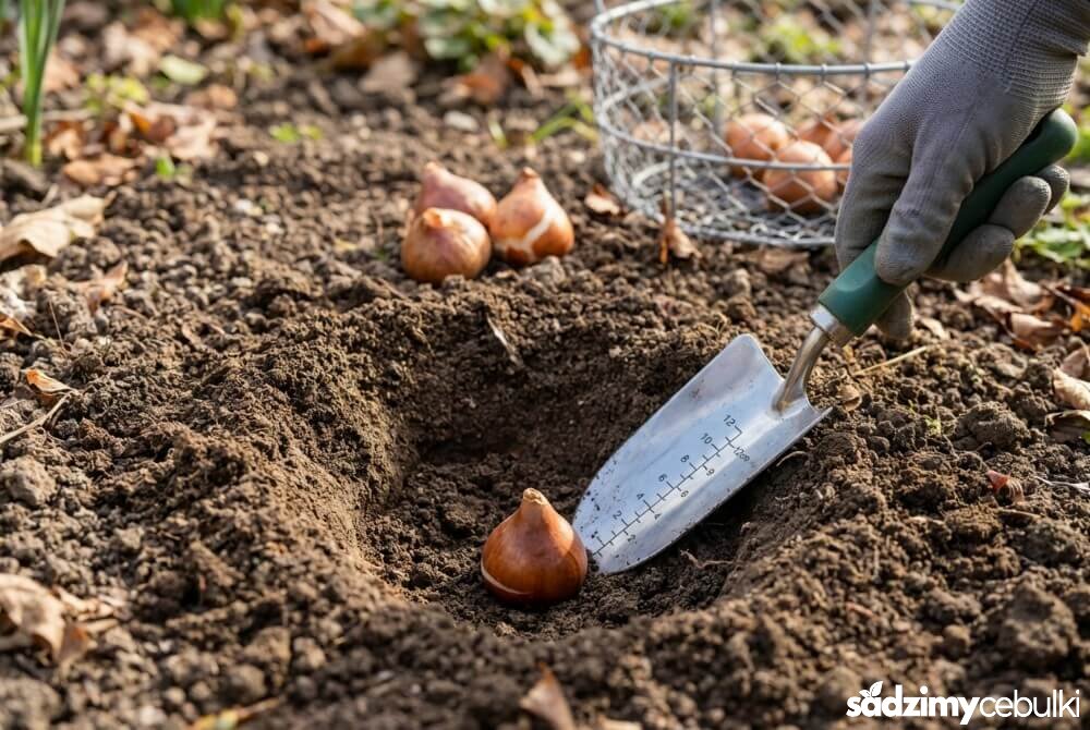 Cebulka tulipana w dołku o odpowiedniej głębokości z widoczną miarką i koszyczkiem ochronnym.