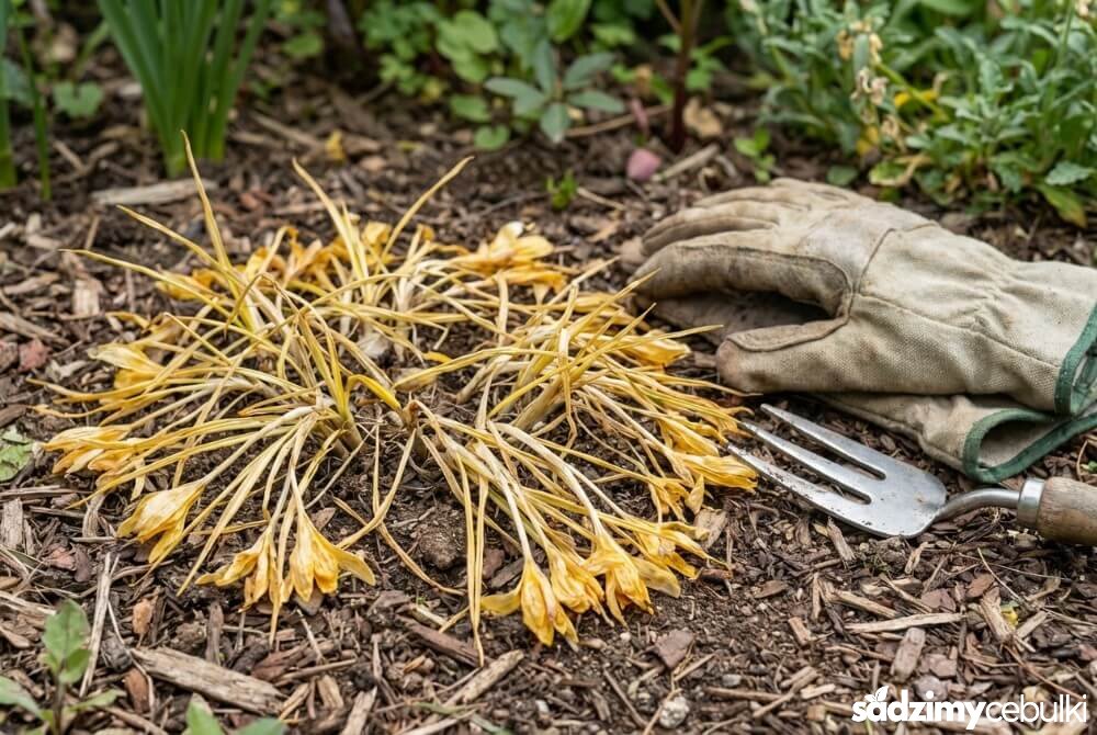 Zaschnięte, zżółknięte liście krokusów na rabacie – sygnał, że można wykopywać cebulki.