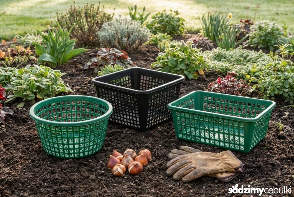 Ażurowe koszyczki do cebulek tulipanów (okrągły i kwadratowy) obok cebulek i akcesoriów ogrodniczych na tle rabaty.