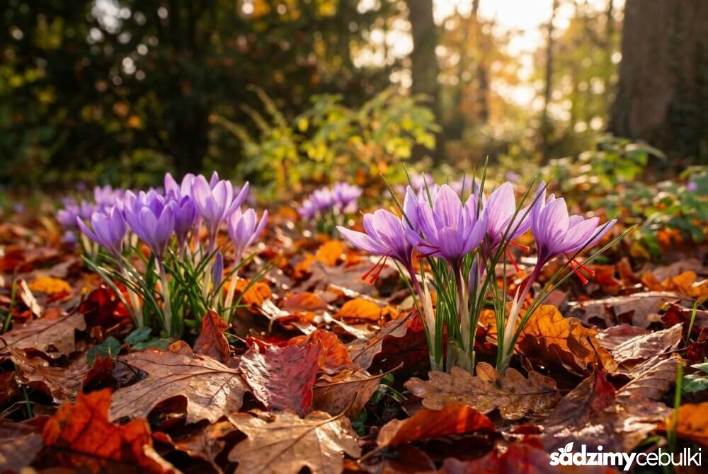 Jesienne krokusy kwitnące w ogrodzie wśród opadłych liści w ciepłym, złotym świetle.