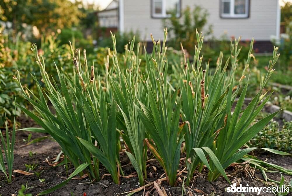 Zielone liście mieczyków pozostawione po kwitnieniu na grządce, z ściętymi pędami kwiatowymi.
