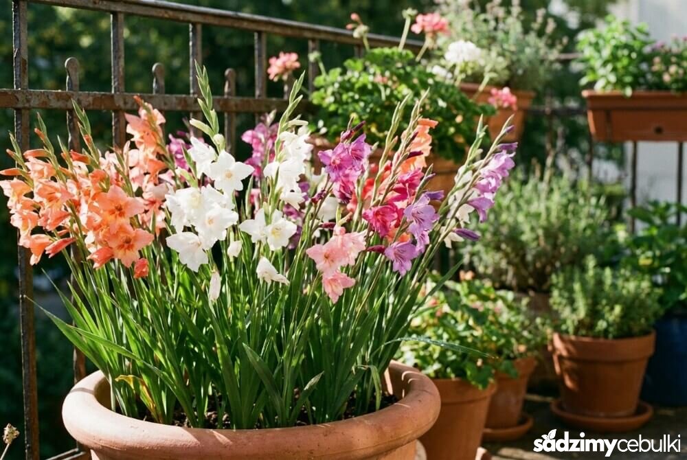 Karłowe mieczyki (Nanum/Glamini) rosnące w donicy na balkonie, stabilne i kompaktowe.