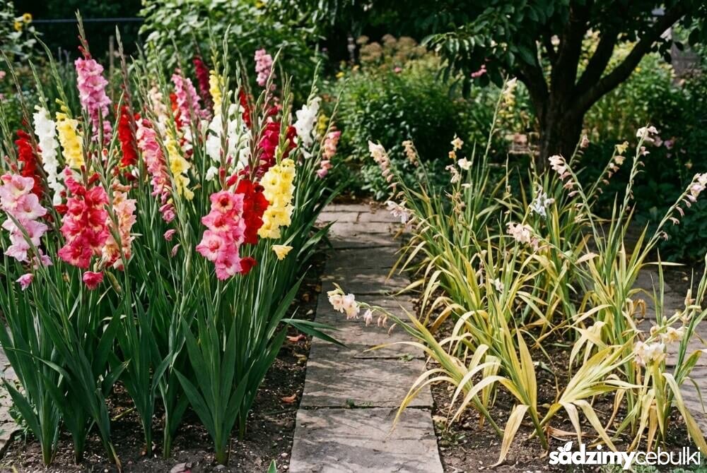 Porównanie mieczyków rosnących w słońcu i w cieniu – różnice w wysokości i obfitości kwitnienia.