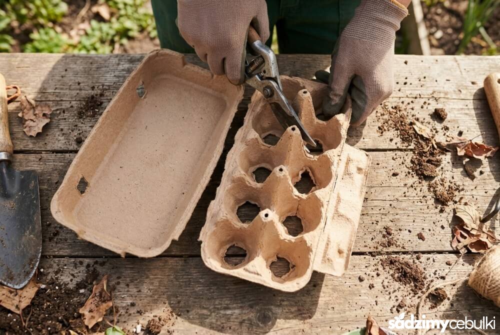 Dłonie ogrodnika wycinają duże otwory w dnie wytłaczanki po jajkach, przygotowując ją do sadzenia tulipanów.