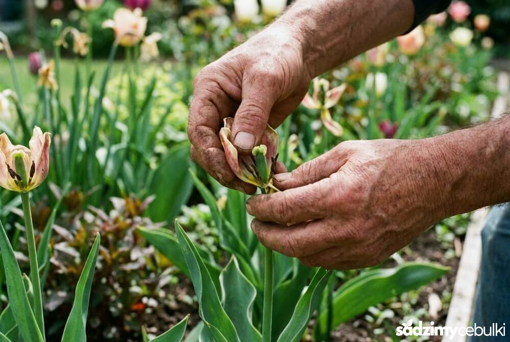 Dłonie ogrodnika wyłamują przekwitłą główkę tulipana, pozostawiając łodygę i liście.