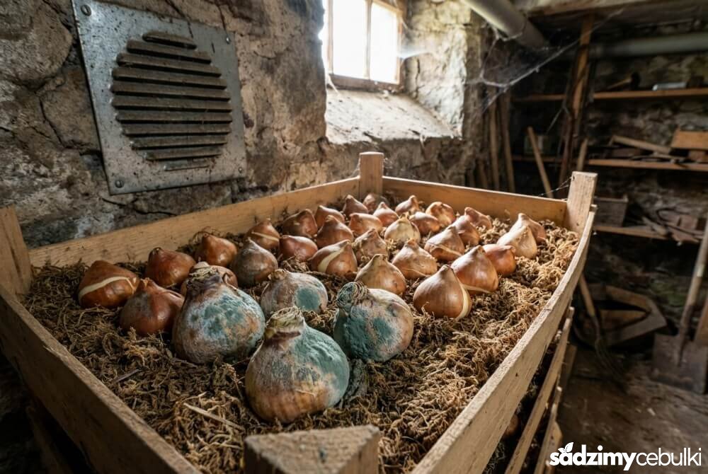 Cebule tulipanów w przechowalni z peniciliozą: niebiesko-zielony nalot pleśni na kilku cebulach.