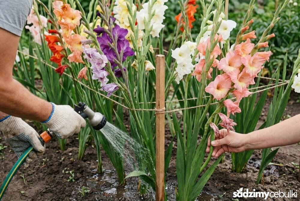 Pielęgnacja mieczyków podczas kwitnienia: podlewanie u podstawy i podpieranie łodyg palikiem oraz usuwanie przekwitłych kwiatów.