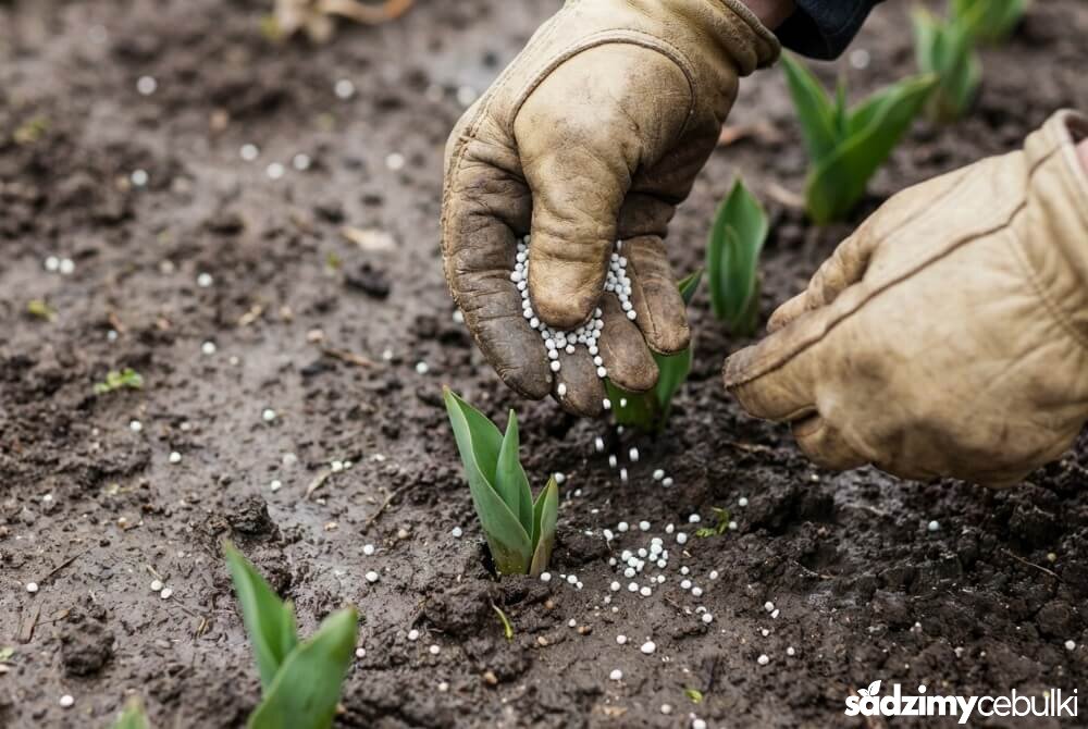 Pierwsze wiosenne nawożenie tulipanów – młode liście wychodzące z ziemi i rozsypywanie nawozu azotowego na rabacie.