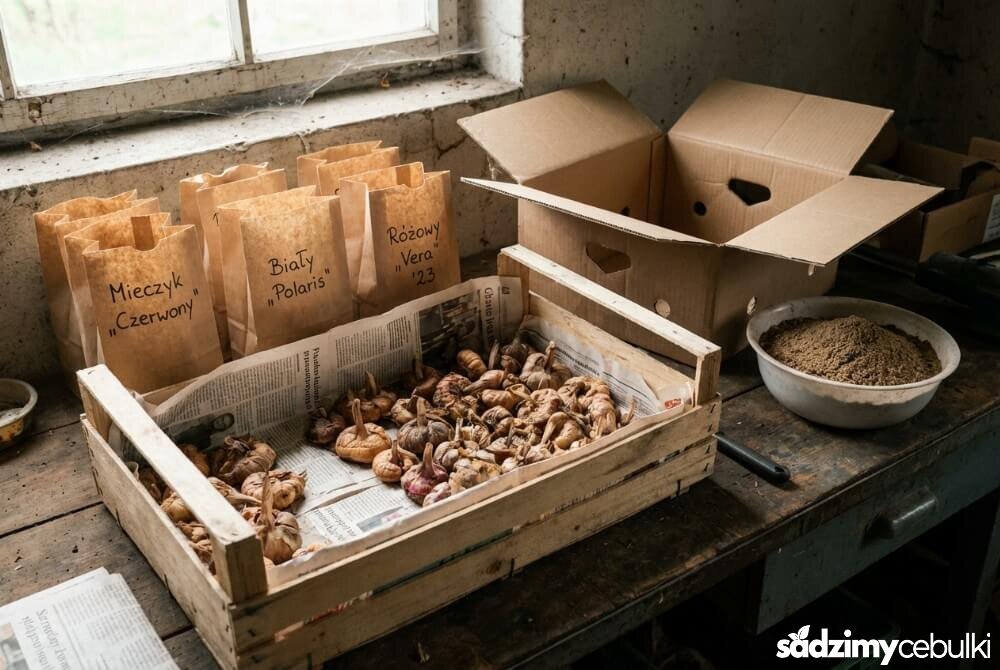 Ażurowa skrzynka i papierowe torebki z cebulkami mieczyków oraz suche podłoże do przesypania.