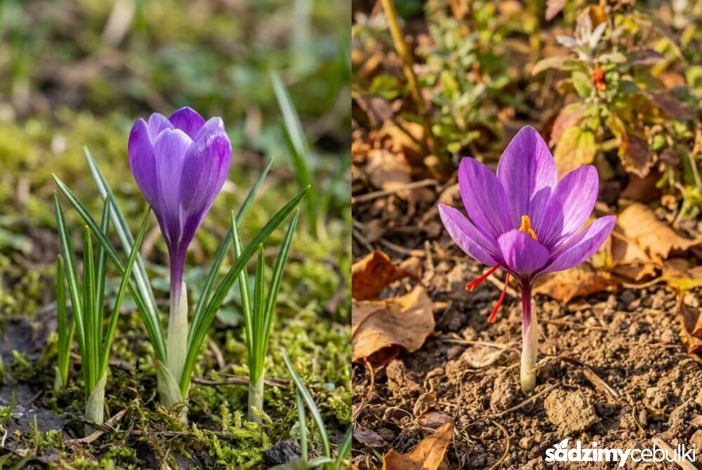 Porównanie krokusa wiosennego z liśćmi podczas kwitnienia i krokusa jesiennego kwitnącego z gołej ziemi bez liści.