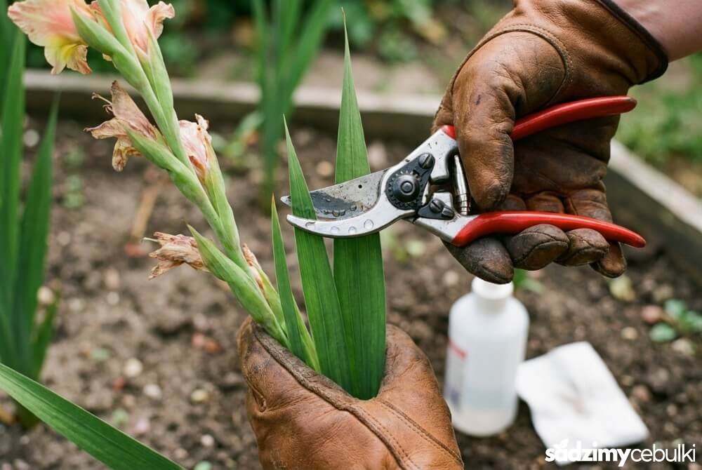 Zdezynfekowany sekator przy pędzie mieczyka ustawiony do cięcia tuż nad najwyższą parą liści.