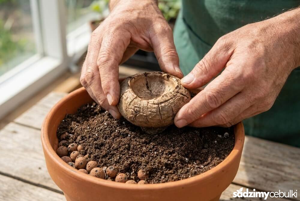 Dłonie sadzą bulwę begonii bulwiastej w doniczce, wklęsłą stroną do góry, na lekko wilgotnym podłożu z drenażem.