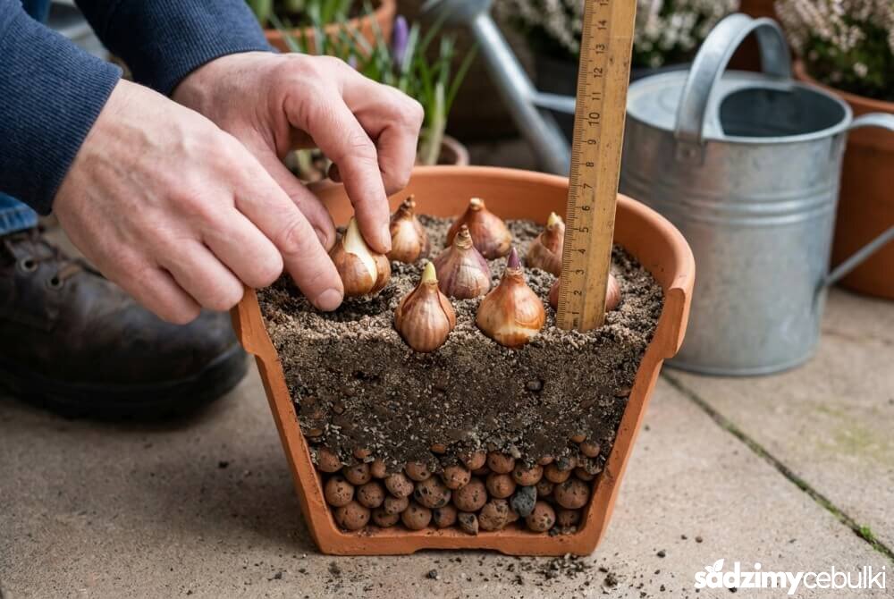 Sadzenie cebulek krokusów w doniczce: warstwa drenażu, ziemia z piaskiem i gęsto ułożone cebulki ustawione czubkiem do góry.
