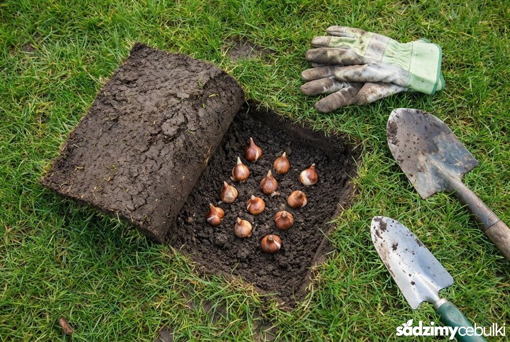 Sadzenie cebulek krokusów metodą nacinania darni: odchylony płat trawy i cebulki ułożone w grupie w odsłoniętej ziemi.