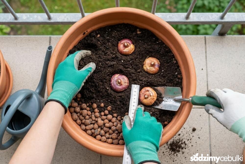 Sadzenie cebul mieczyków w donicy: drenaż z keramzytu, odpowiednia głębokość i rozstawa przed podlaniem.