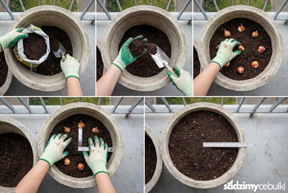 Sadzenie cebulek tulipanów w donicy: ręce w rękawiczkach układają cebulki w ziemi z zachowaniem odstępów i odpowiedniej głębokości.