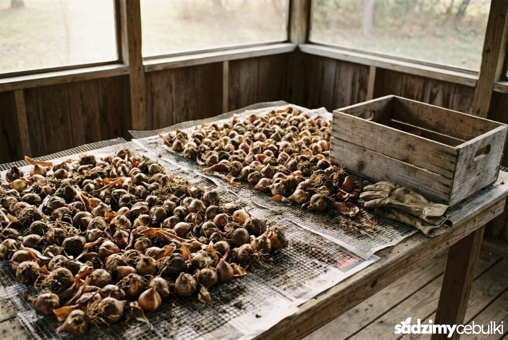 Cebule tulipanów suszone w cieniu w przewiewnym miejscu przed czyszczeniem i selekcją.