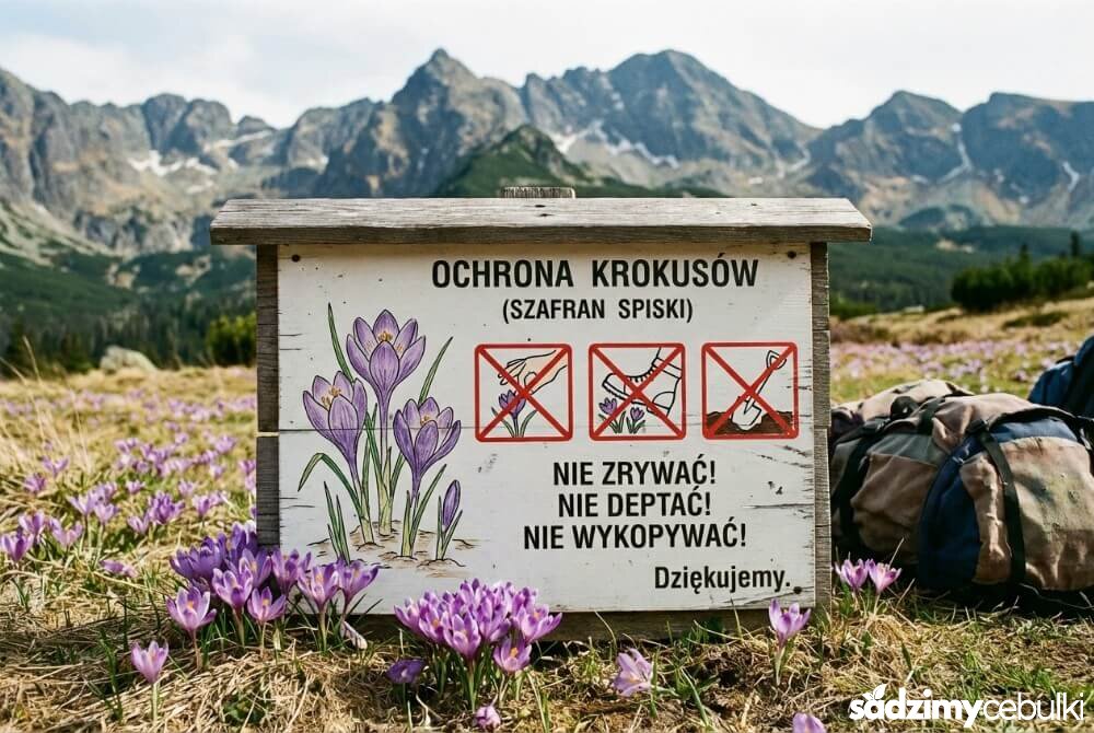 Tablica edukacyjna o ochronie krokusów na tle polany z kwitnącymi krokusami w górach.