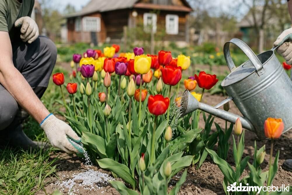 Dokarmianie tulipanów w fazie pączkowania i kwitnienia nawozem potasowo-fosforowym dla intensywnych barw i trwałych kwiatów.