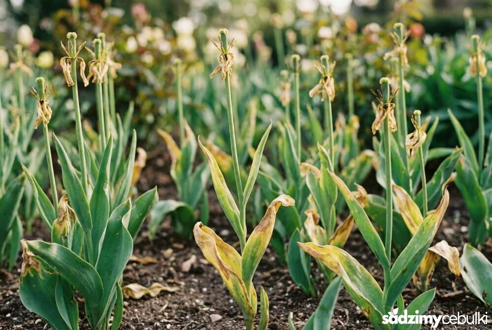 Tulipany po przekwitnięciu z pozostawionymi zielonymi liśćmi, które dalej odżywiają cebule.