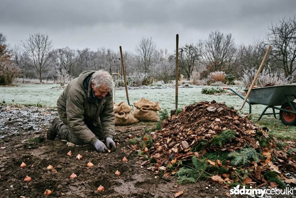 Późne sadzenie cebulek tulipanów w chłodny dzień oraz przygotowanie ściółki do okrycia rabaty.