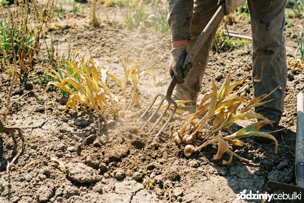 Wykopywanie cebulek tulipanów widełkami amerykańskimi w suchym podłożu, gdy liście są już zaschnięte.