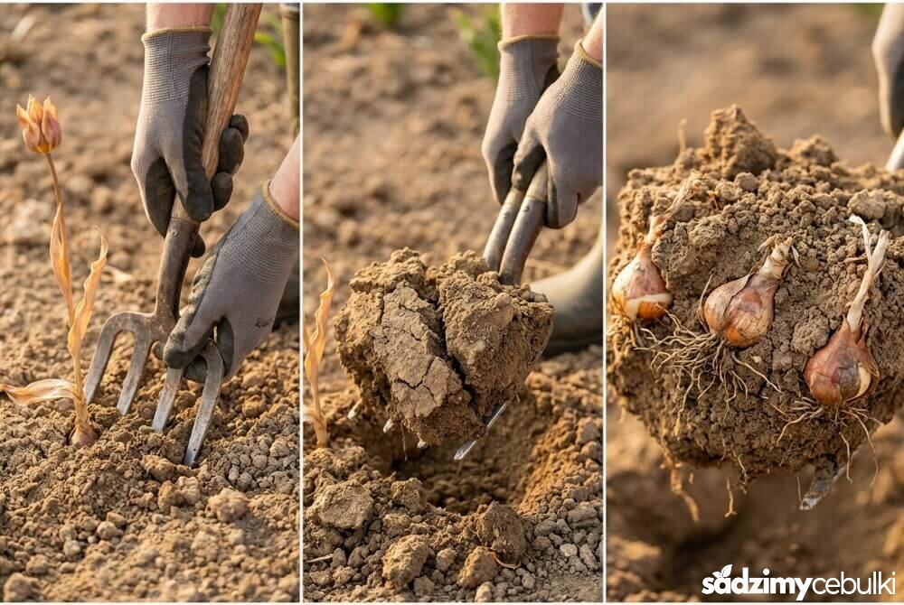 Wykopywanie cebul tulipanów szerokimi widłami w suchej glebie, z zachowaniem bezpiecznego odstępu.