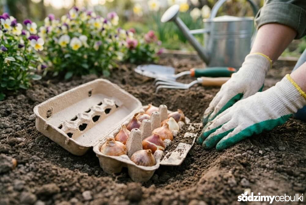 Cebulki tulipanów ułożone w dołkach wytłaczanki po jajkach, szpicem do góry, z dodatkiem piasku dla lepszego drenażu.