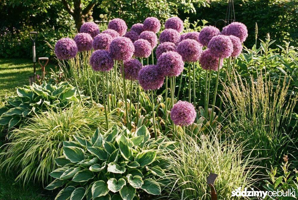 Kompozycja czosnków Globemaster na rabacie z bylinami maskującymi liście