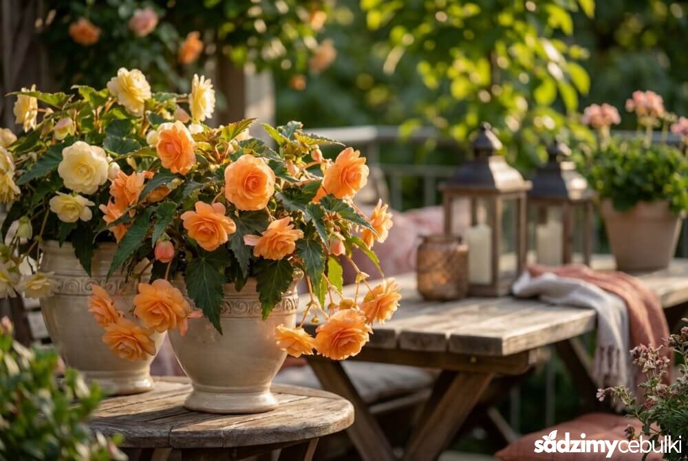 Eleganckie begonie Belleconia o pełnych kwiatach przypominających róże w delikatnych odcieniach pomarańczy i kremu na balkonie.