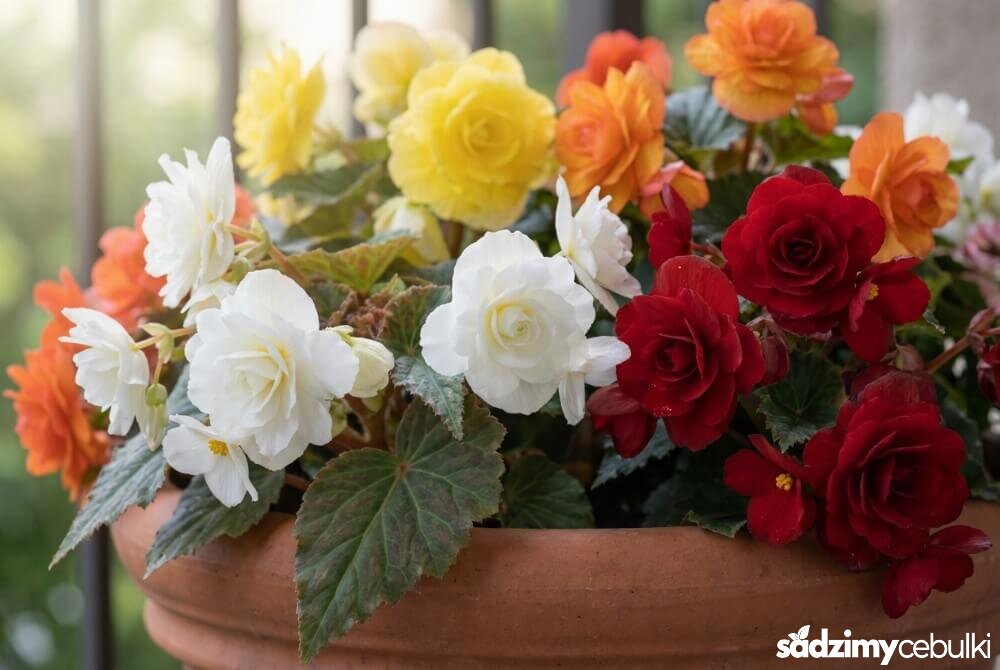 Begonia bulwiasta z serii Nonstop o dużych, pełnych kwiatach w różnych kolorach w donicy na półcienistym balkonie.
