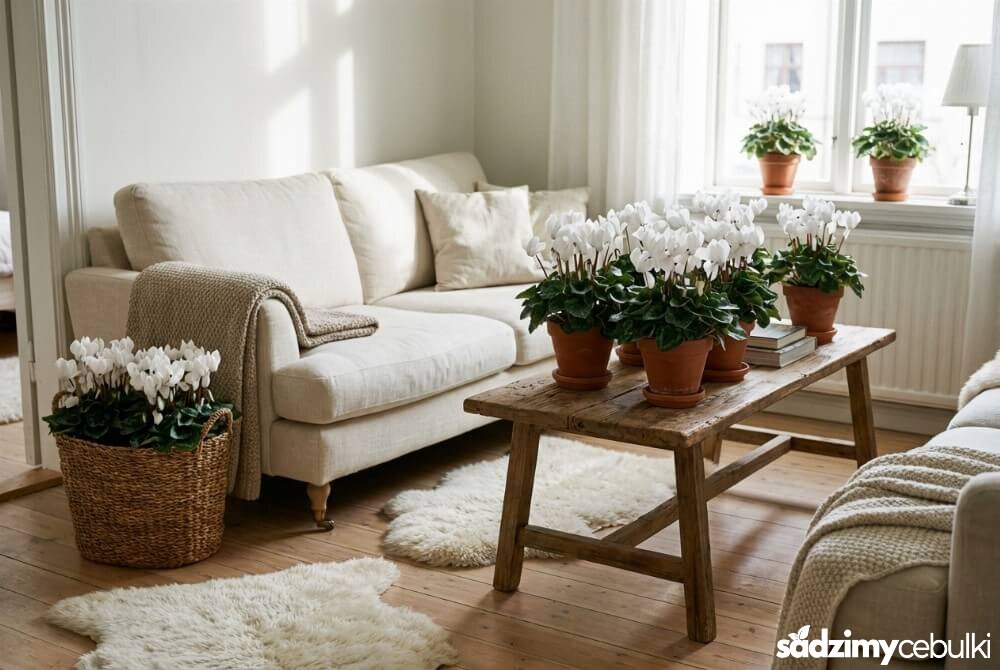 Śnieżnobiały cyklamen jako dekoracja w jasnym salonie, ustawiony na stoliku obok sofy.