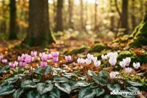 Kwitnący cyklamen bluszczolistny w ogrodzie leśnym pod drzewami