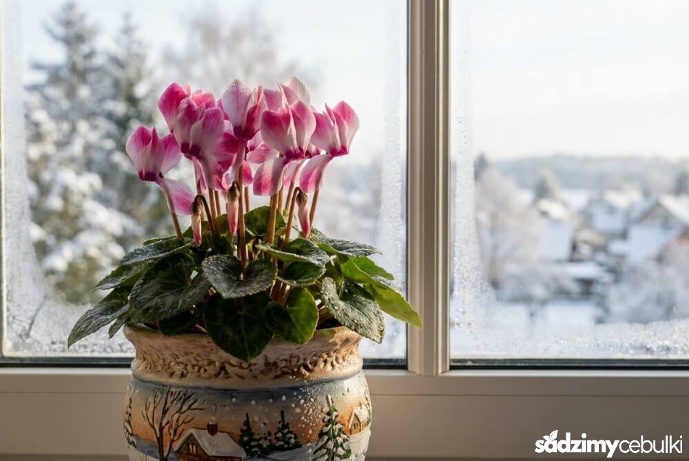 Dwukolorowy cyklamen w dekoracyjnej doniczce na parapecie, oświetlony miękkim światłem dziennym.