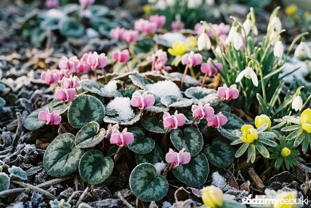 Cyklamen dyskowaty kwitnący przy resztkach śniegu, z drobnymi różowymi kwiatami i okrągłymi liśćmi, obok przebiśniegów.