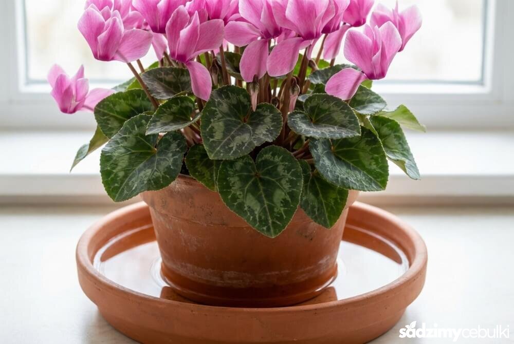 Cyklamen perski w doniczce stojącej w spodku z wodą, obrazujący metodę nawadniania od dołu.