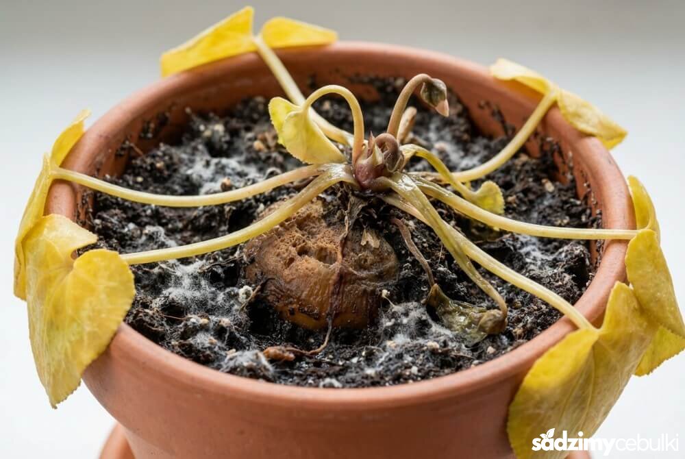 Przelany cyklamen z żółknącymi liśćmi, mokrym podłożem i oznakami gnicia bulwy oraz pleśni na ziemi.