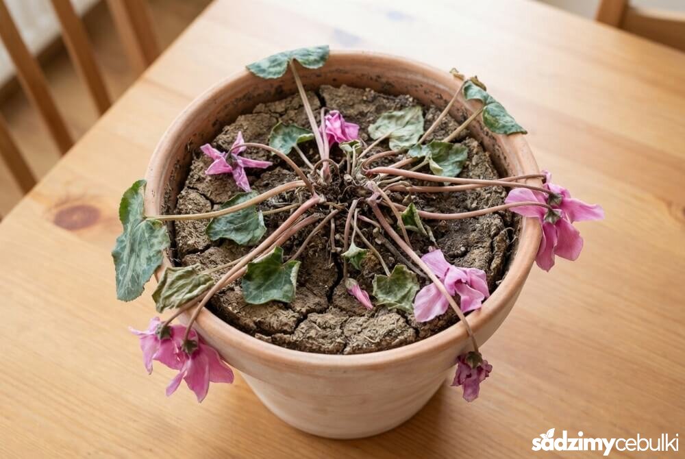 Oklapnięty cyklamen z powodu przesuszenia — wiotkie liście i kwiaty oraz bardzo suche, odstające od doniczki podłoże.