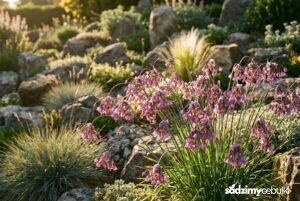 Kwitnący czosnek grzebieniasty na skalniaku