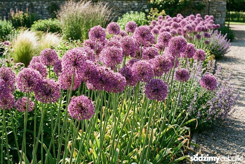 Grupa kwitnących czosnków Purple Sensation na rabacie