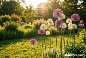 Kwitnący czosnek turkiestański w ogrodzie