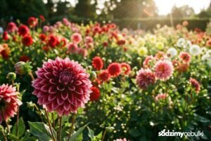 Kwitnące dalie ogrodowe na słonecznej rabacie