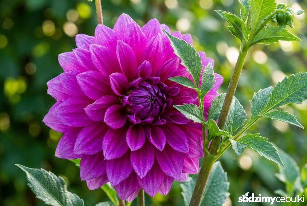 Wygląd liści i kwiatu dalii ogrodowej z bliska